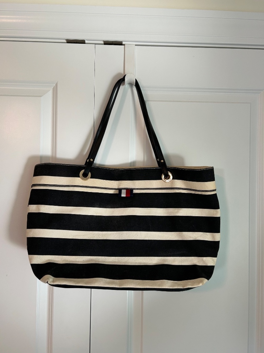 Tommy Hilfiger Striped Canvas Tote Bag nautical preppy black cream beach resort